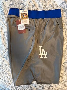 Mitchell & Ness Los Angeles Dodgers Gray Athletic Shorts with Blue Waistband